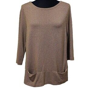 J Jill Brown Ponte Knit Tunic Top Medium 3/4 Sleeve Boatneck Pocket Blouse
